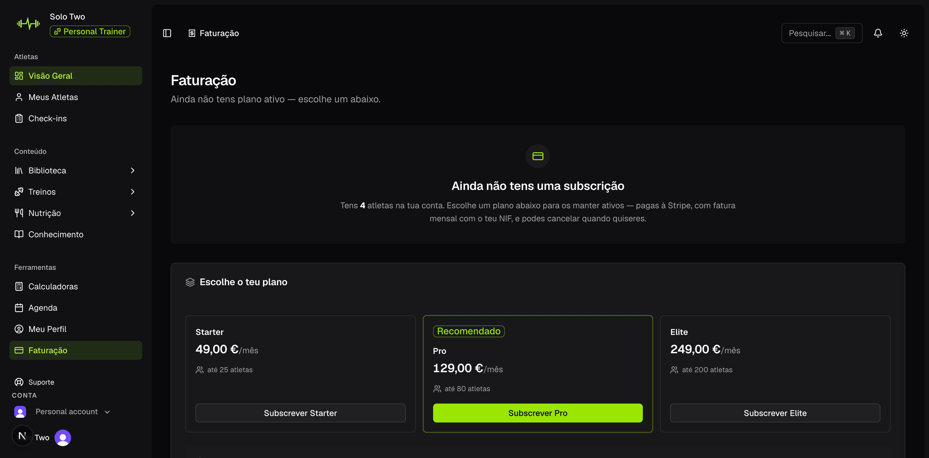 Área de faturação com subscrição, faturas e dados de pagamento