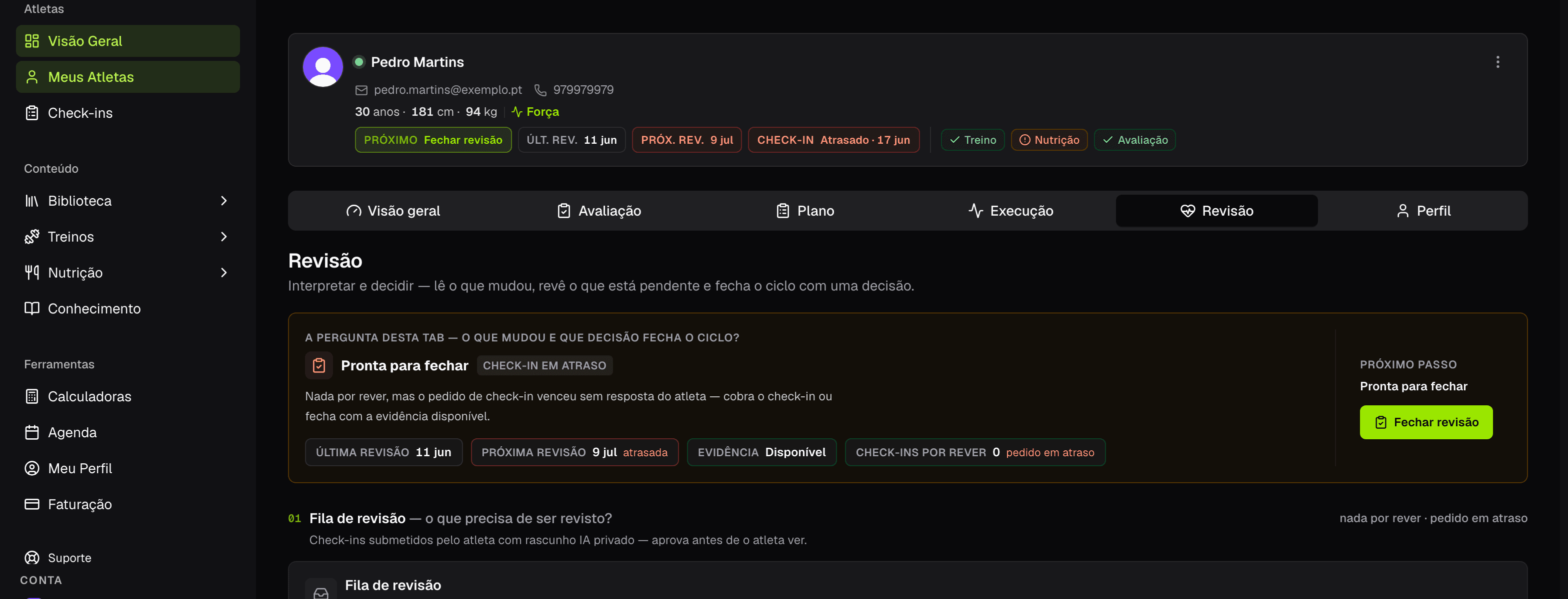 Revisão do atleta com o estado do ciclo, dados disponíveis e decisão de fecho